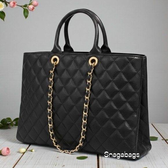 Large New Black Pebbled Leather Quilted Tote Handbag antique gold chain - Picture 2 of 5